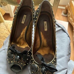 Miu Miu Grayish black and Gold Studded Peep-Toe Heels